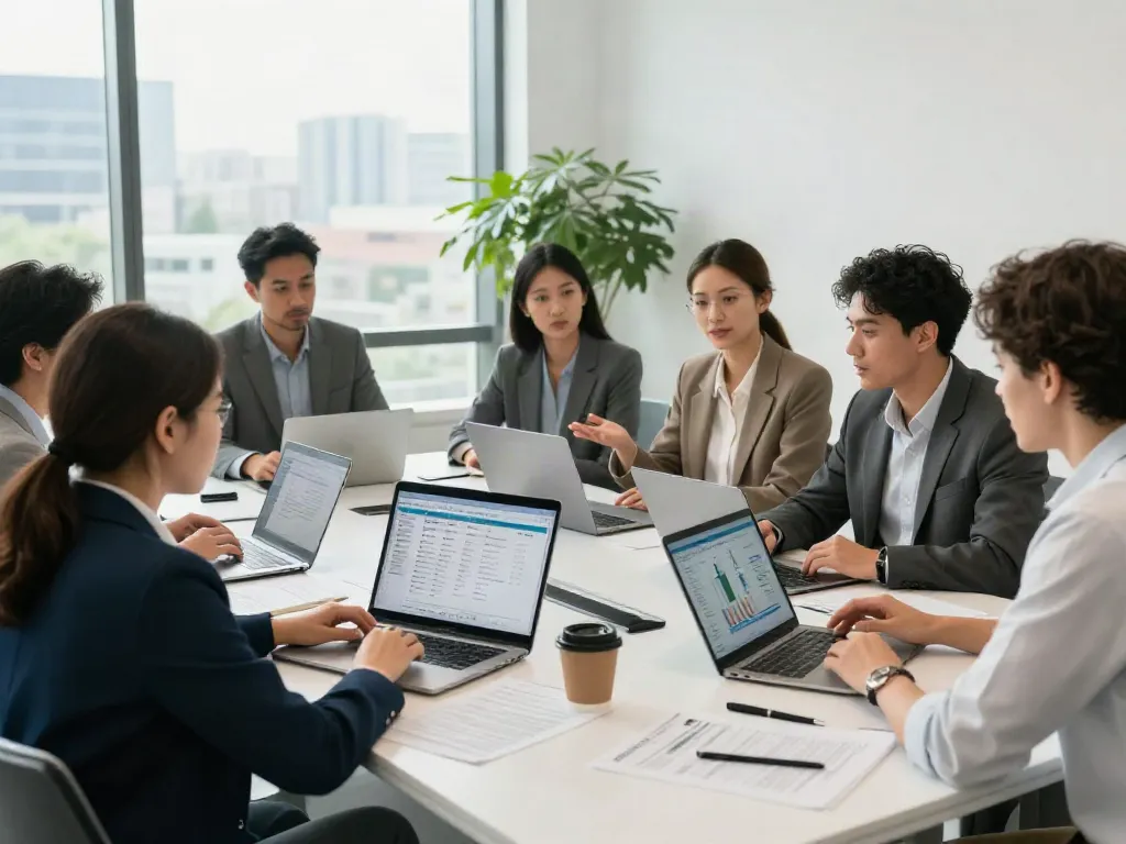 Tax professionals collaborating in a modern office using tax software for multiple locations.