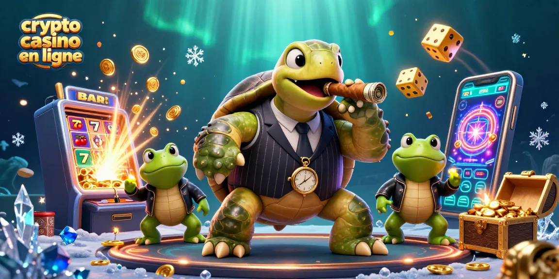 Profitez d'un crypto casino en ligne où une tortue en costume de gangster joue avec des jetons d'or et des machines à sous.