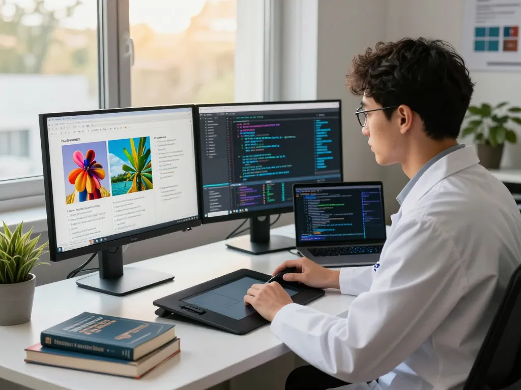 Data scientist using image to prompt ai tool in a modern workspace