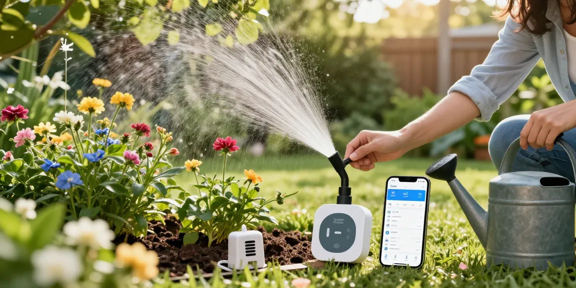 Garden scene featuring the rainpoint sprinkler timer in action alongside blooming plants and a smartphone app for smart irrigation.