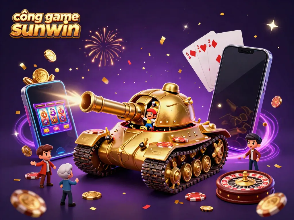 Experience the vibrant world of cổng game sunwin with a golden beetle tank casino scene featuring playful characters and festive elements.
