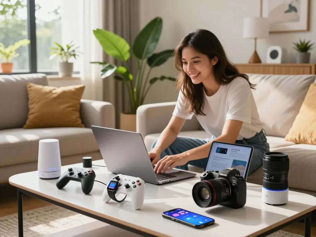 Explore cool tech gadgets under $125 with interactive devices in a stylish living room.