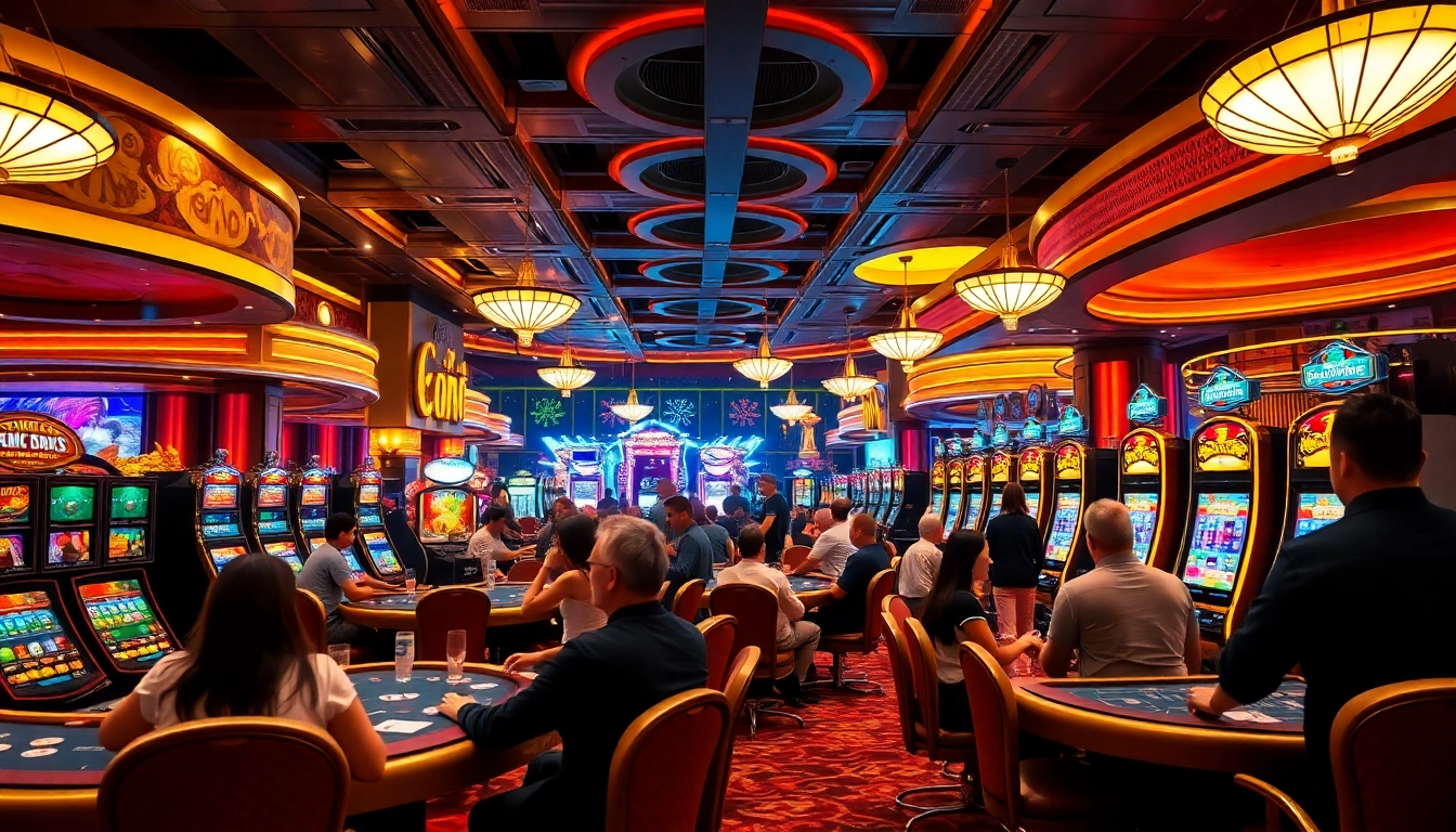 Players enjoying a lively Non gamstop casino atmosphere with vibrant decorations and gaming tables.