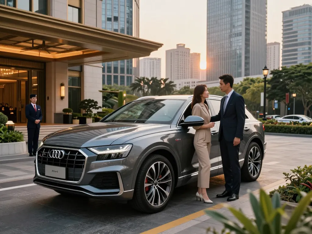 Trải nghiệm cho thuê xe ô tô hạng sang với chiếc Audi Q8 sang trọng trong môi trường đô thị sôi động, có tài xế chuyên nghiệp và cặp đôi phong cách.