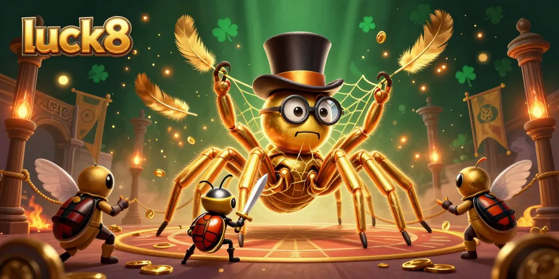 Experience the excitement of luck8 with a golden tarantula weaving fortunes in this casino-themed illustration.