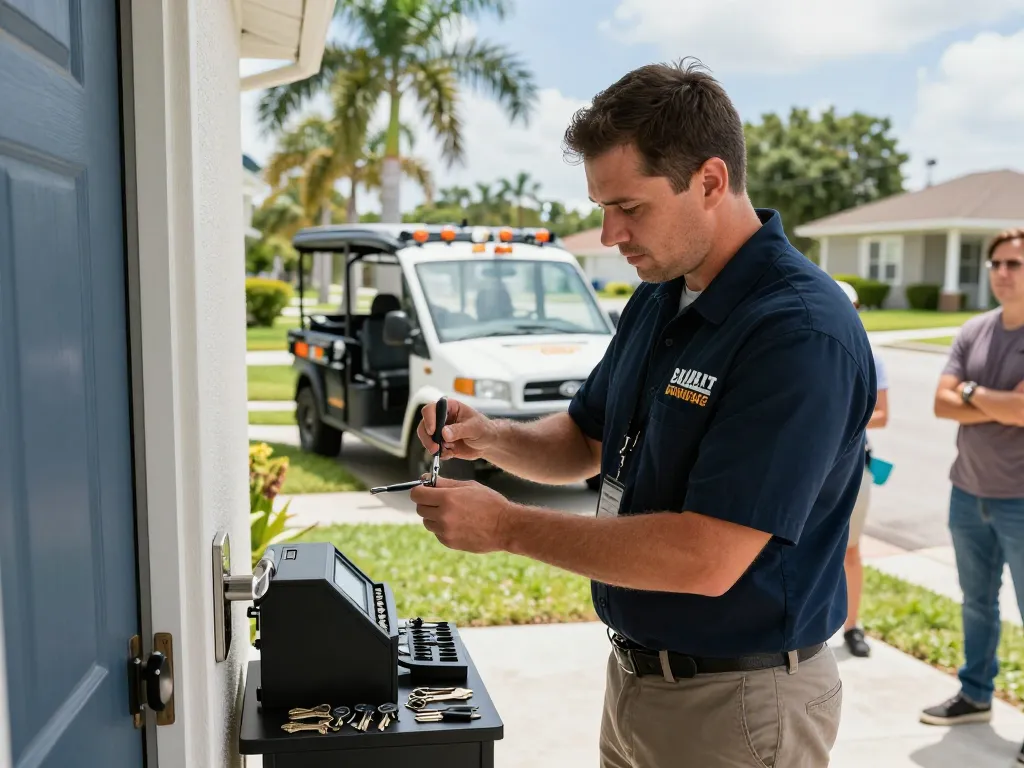 Locksmith Stuart FL providing expert services, focused on door lock repair in a suburban neighborhood.