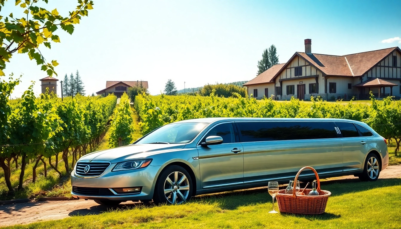 Experience a luxury winery tour limousine parked among vineyards, ready for wine tasting adventures.