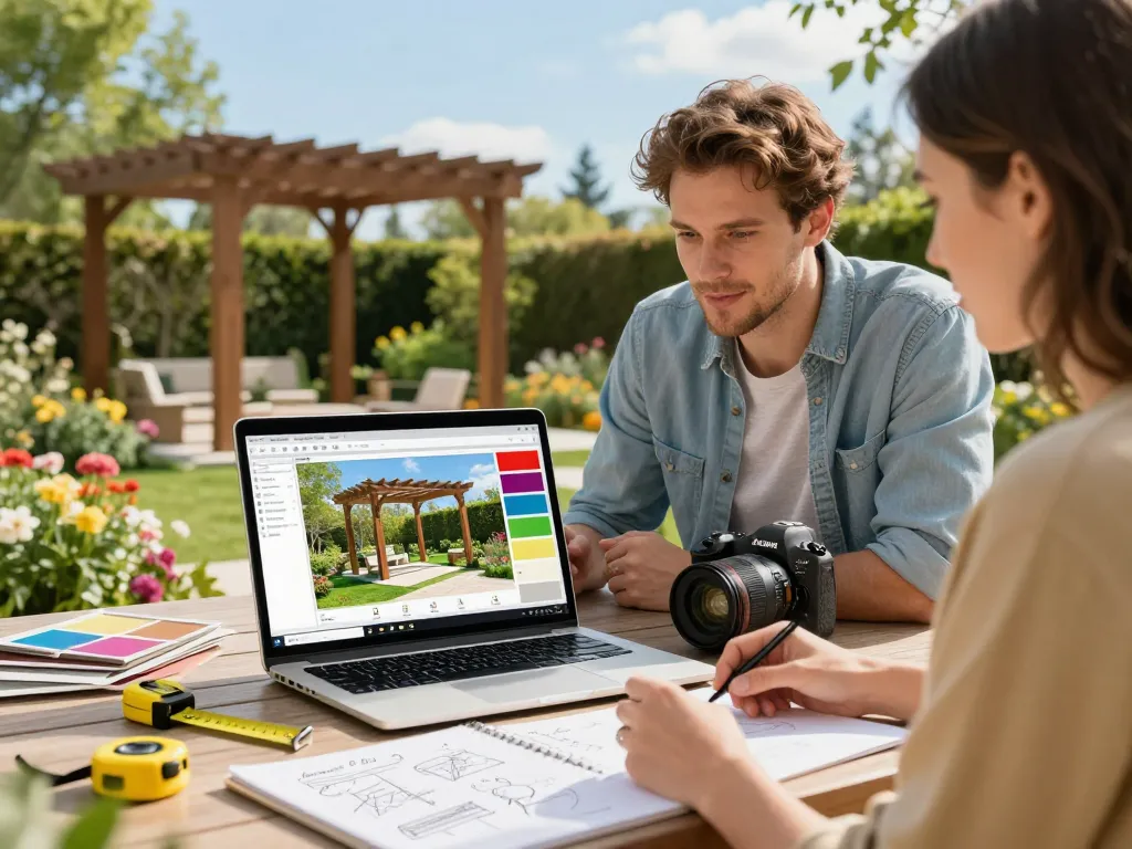 Designer using Pergola Sales Software to create a 3D pergola design outdoors, showcasing tools and vibrant samples.