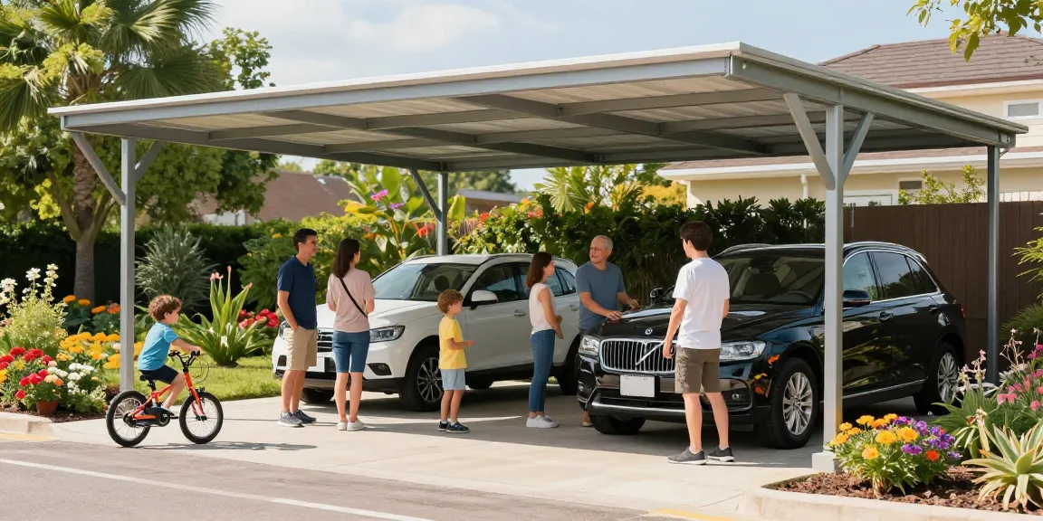 Ein moderner Carport schützt Fahrzeuge und bietet Raum für Familienaktivitäten im Freien.