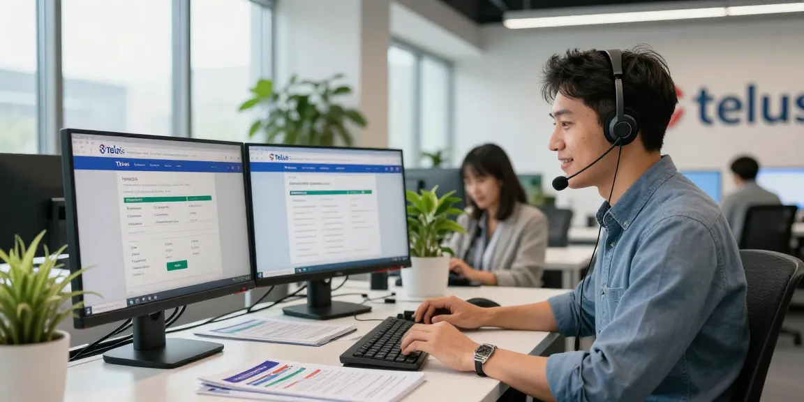 Customer service representative providing Telus-Technical-Support assistance in a modern office environment.