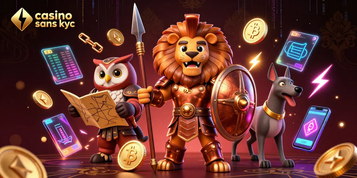 Célébrez vos gains au casino sans KYC avec un lion spartan et des pièces de Bitcoin.