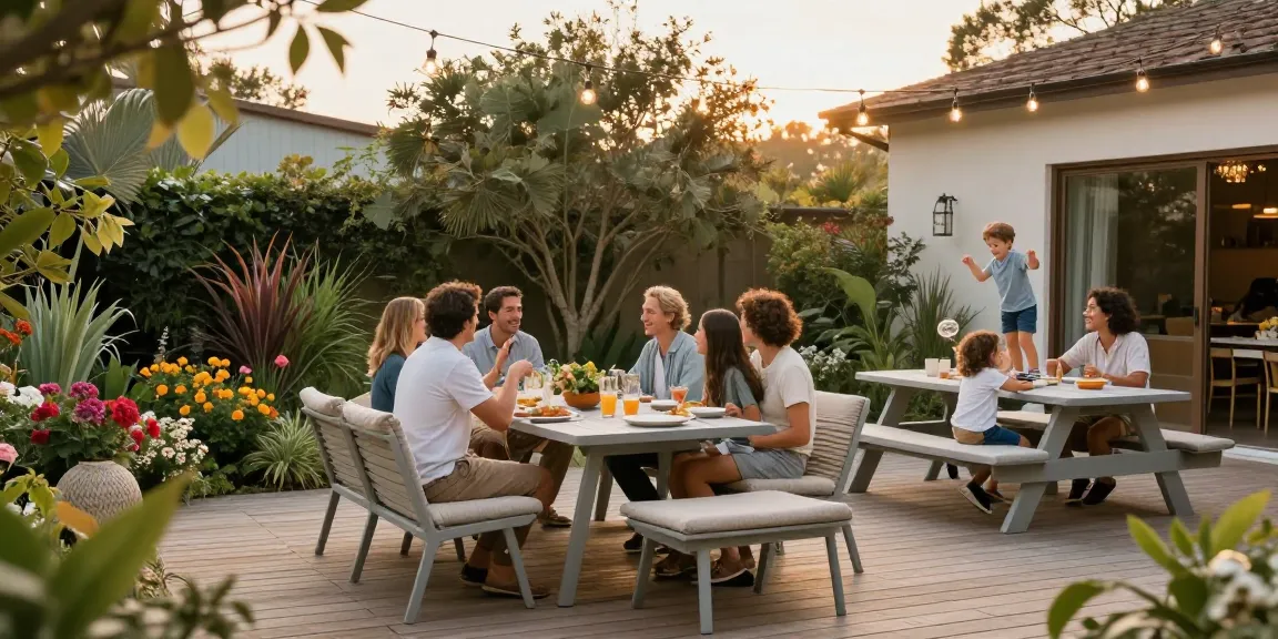 Enjoying affordable patio furniture around a beautiful dining set in a warm outdoor setting.