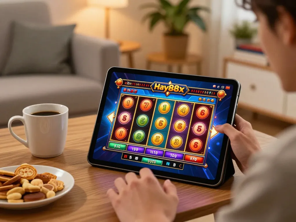 Engaging home gaming scene with a player enjoying hay88x slot machines on a tablet, cozy atmosphere with snacks.