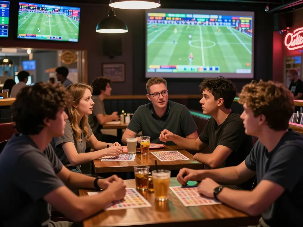 Engaged group discussing kèo nhà cái at a lively sports bar during a game with screens displaying odds.