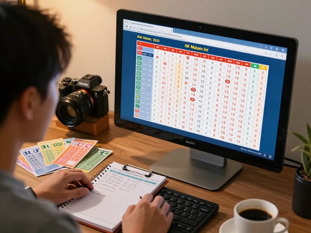 HK Malam Ini lottery results displayed on a computer screen with colorful tickets and a cozy study setup.