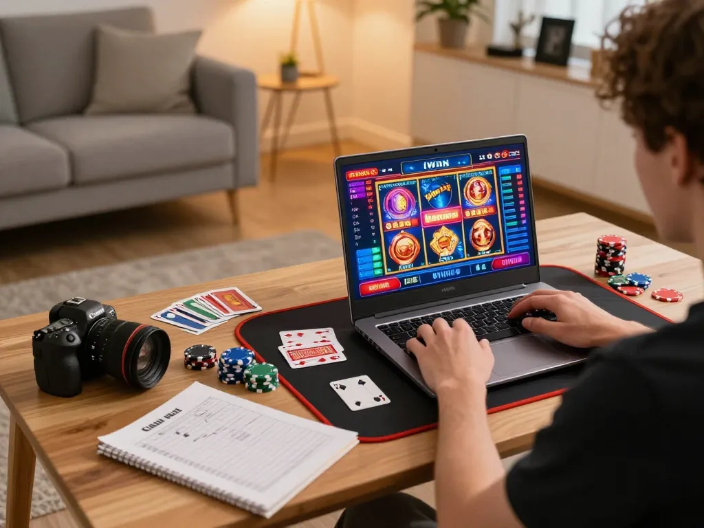 Person engaged in iWin casino gaming on laptop, cozy home setup with gaming tools visible.