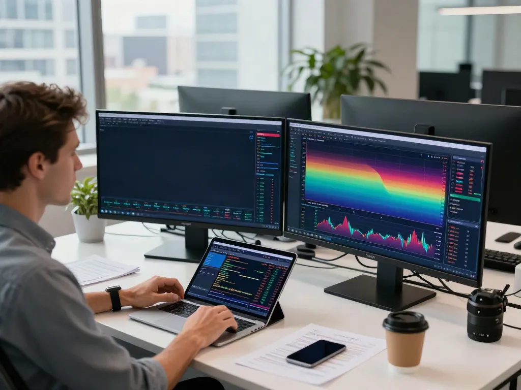 Trader analyzing TradingView charts in a modern office workspace