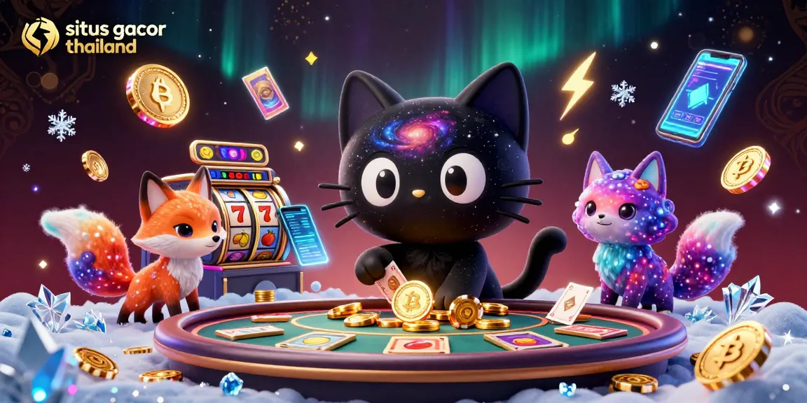 Situs gacor thailand showcases a vibrant cosmic scene with a black hole cat attracting golden chips at a casino.