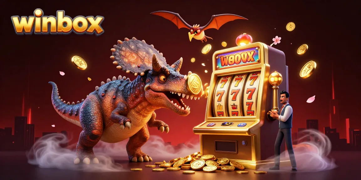 Winbox features a 3D pachycephalosaurus winning coins from a slot machine in an action-packed casino scene.