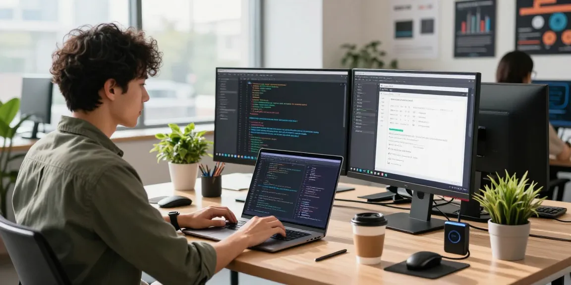 Developer coding in a modern tech workspace, showcasing 纸飞机中文版 productivity tools.