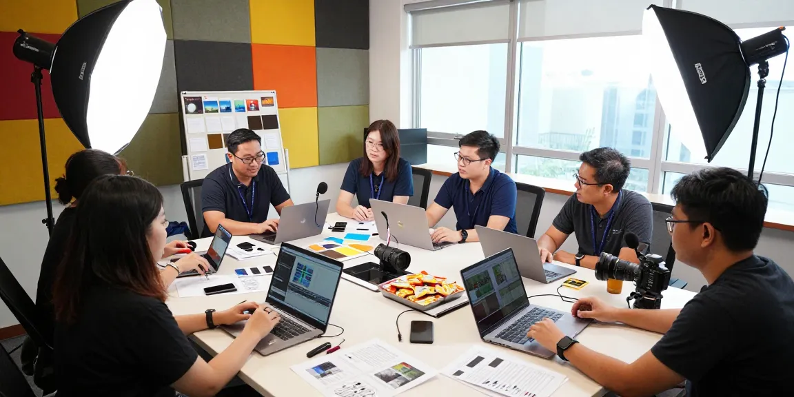 Collaboration team enhancing Singapore Corporate Video Production in a bright studio with advanced equipment.