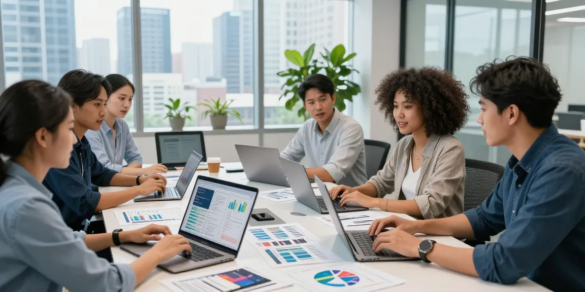 Collaboration in a digital marketing agency workspace, showcasing diverse professionals strategically planning marketing campaigns.