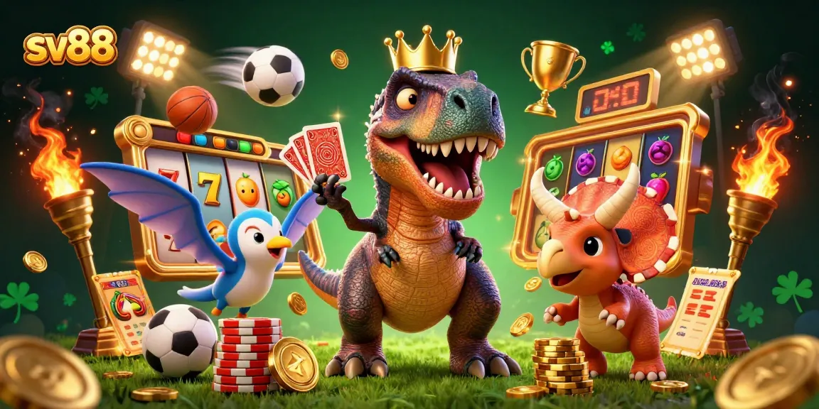 Enjoy exciting gaming moments at sv88 with a cartoon dinosaur and thrilling slot reels