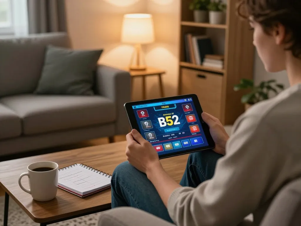 B52club player reviewing strategies on tablet while enjoying a cozy home gaming session.