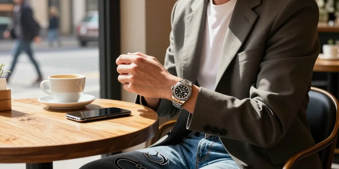 Individual showcasing a Rolex super clone watch in a modern café setting, embodying urban elegance and lifestyle.