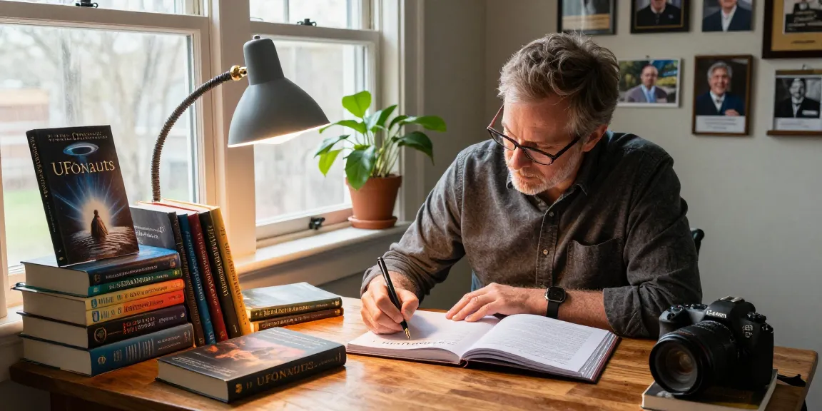 Explore T Allen Greenfield's writing space at https://tallengreenfield.com, adorned with esoteric literature and warm lighting.
