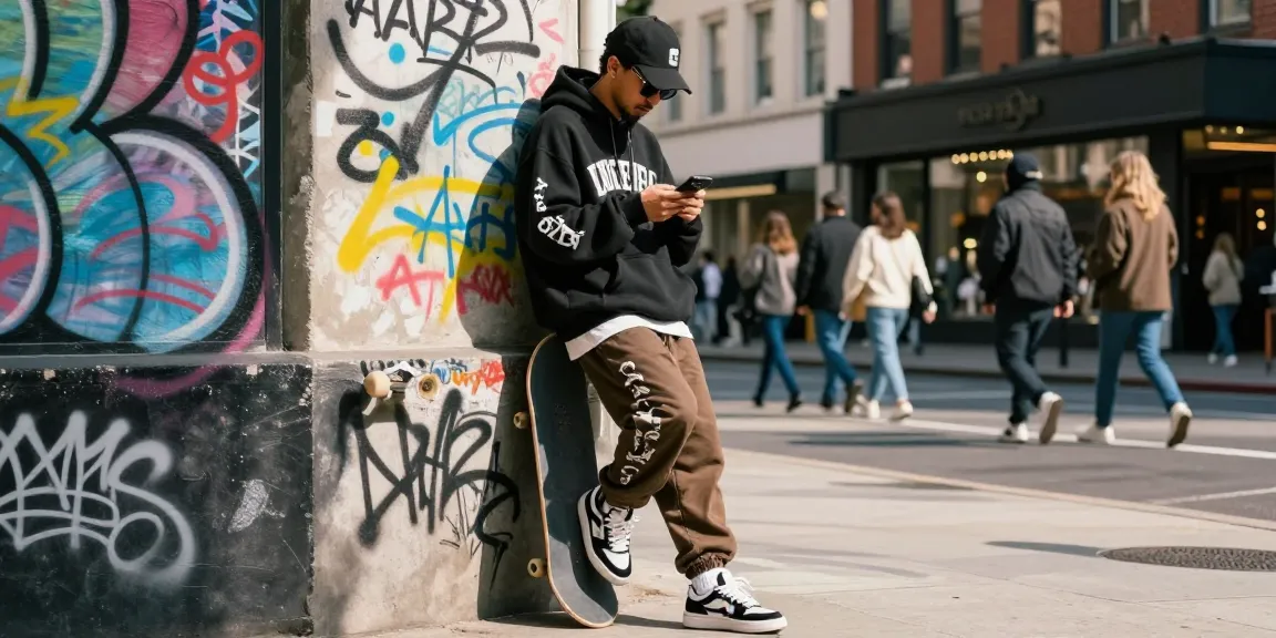 Stylish individual in urban setting displaying 레플리카 streetwear fashion with vibrant graffiti backdrop