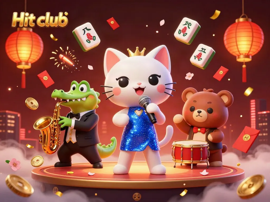 Experience the Hit club performing live with vibrant casino-themed characters and game elements.