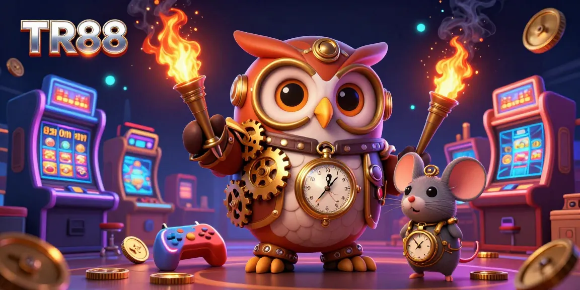 Experience the excitement of TR88 with colorful slot machines and vibrant casino elements in a dynamic 3D cartoon scene.