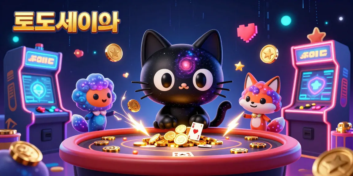 토토사이트에서 우주적 카지노 테이블에서 블랙홀 고양이와 성운 여우가 황금 칩을 끌어당기는 장면