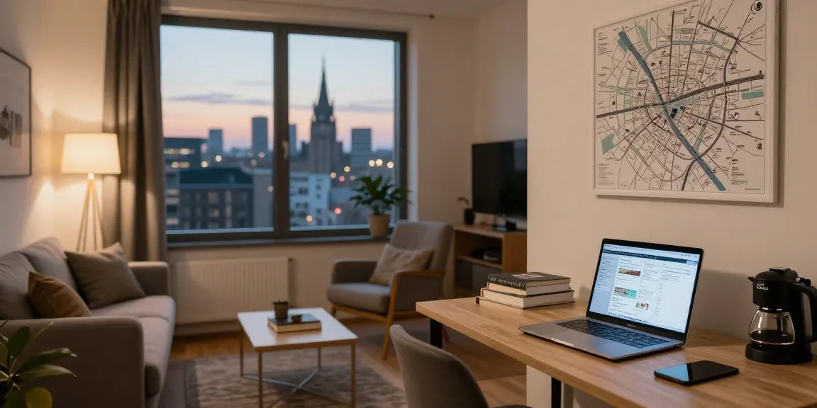 Einladende Monteurwohnung Hannover mit modernem Mobiliar und Stadtansicht.