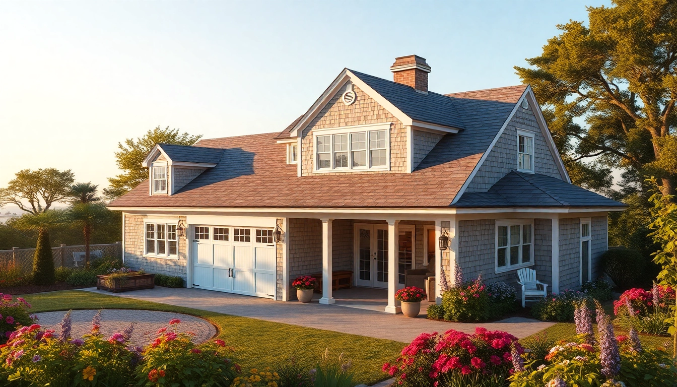 Discover stunning architectural details of a Cape Cod home featuring an attached garage in a serene coastal setting.