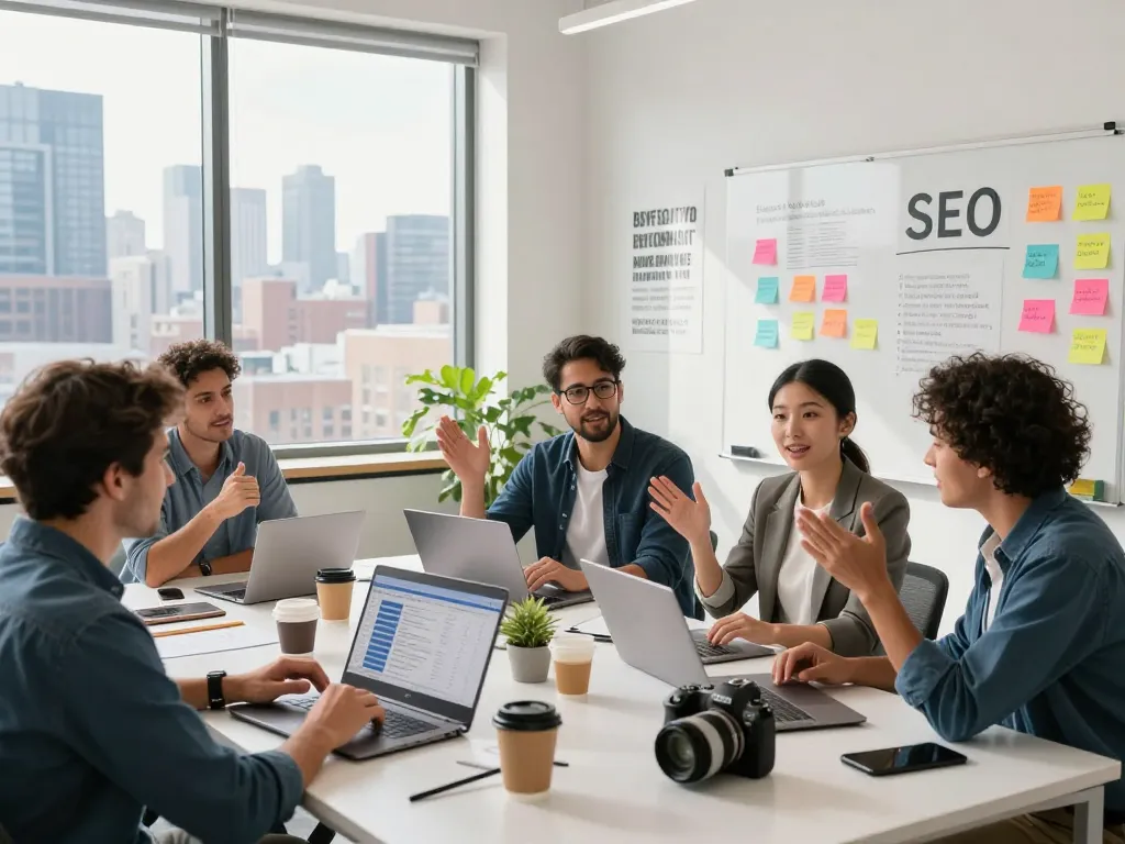 Collaborative team in SEO agency discussing strategies for Best SEO Company NYC.