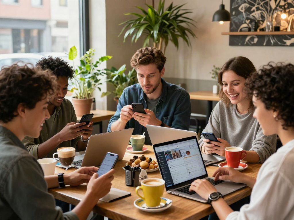 Young adults crush on social media connections in a lively cafe setting.