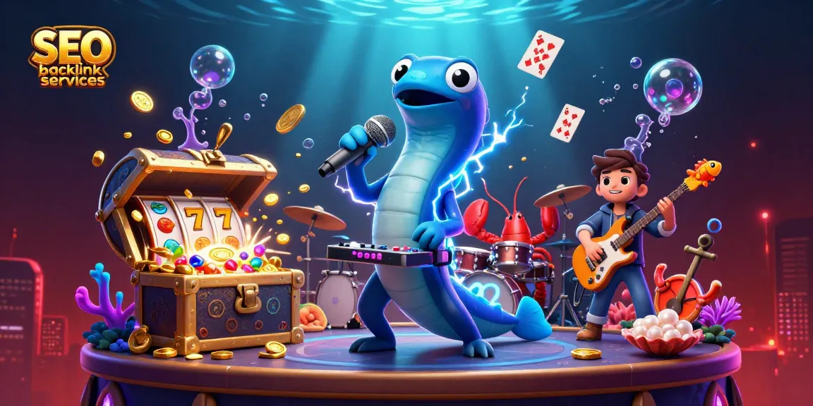 Engage with vibrant SEO backlink services artwork featuring electric eel DJing at an underwater casino.