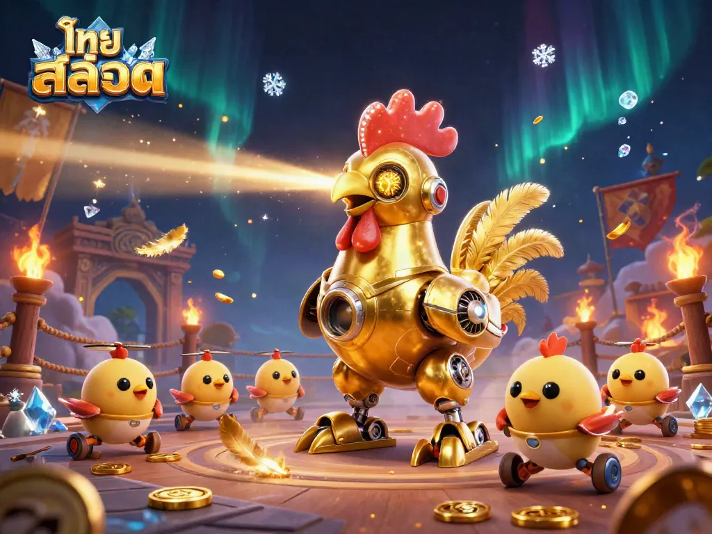 Experience the exciting ไทย สล็อต scene with a futuristic golden rooster robot and baby chick drones amid dazzling casino elements.