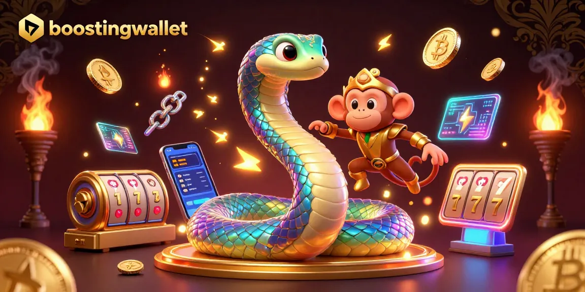 Engage with boostingwallet's vibrant casino-themed illustration featuring a rainbow serpent and crypto elements.