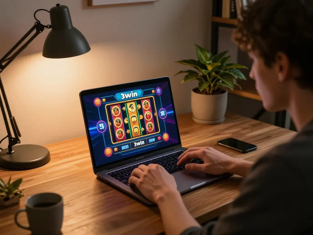 Player enjoys a thrilling online gaming experience with 3win casino on laptop, showcasing dynamic slot action.
