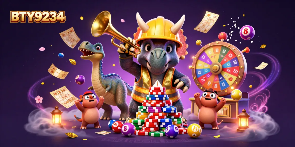 Engage in thrilling casino adventures with BTY9234 as colorful lottery balls bounce around a whimsical dinosaur scene.