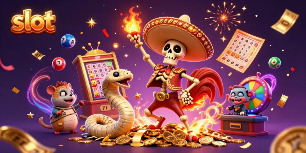 Celebrate your winning slot experience with a lively 3D scene featuring a mariachi rooster, mummy snake, and DJ hamster among slot reels.