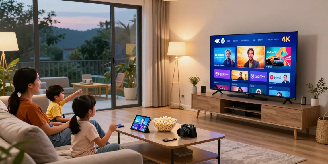 Test IPTV 24h, famille profitant de la télévision 4K dans un salon moderne