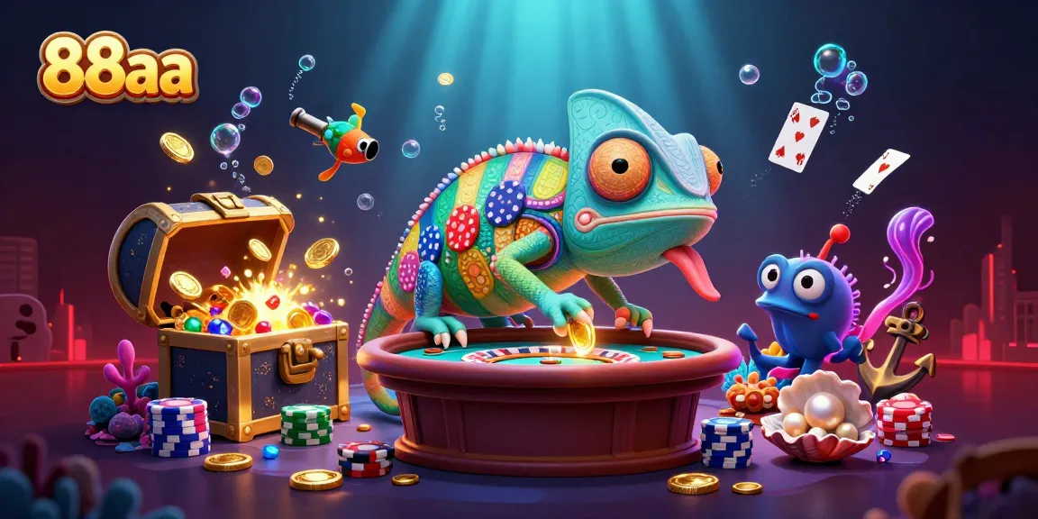 Experience the vibrant world of 88aa casino with a colorful chameleon character capturing golden coins during play.