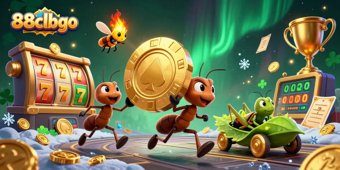 Experience the thrill of 88clbgo with animated ants heisting a giant poker chip in this dynamic casino illustration.
