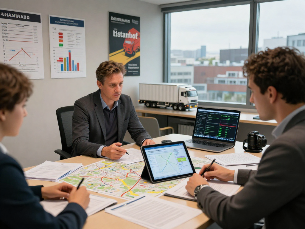 Gefahrguttransport von Dortmund: Logistikteam plant einen sicheren Transport mit Dokumentation und modernem Equipment.