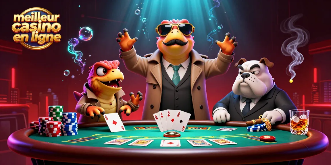 Visualisez le meilleur casino en ligne avec des raptors déguisés et des jetons de poker colorés.