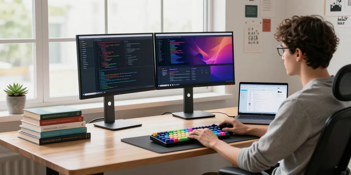 Focused developer working on 纸飞机中文版 project at a modern tech workspace with dual monitors and natural light.